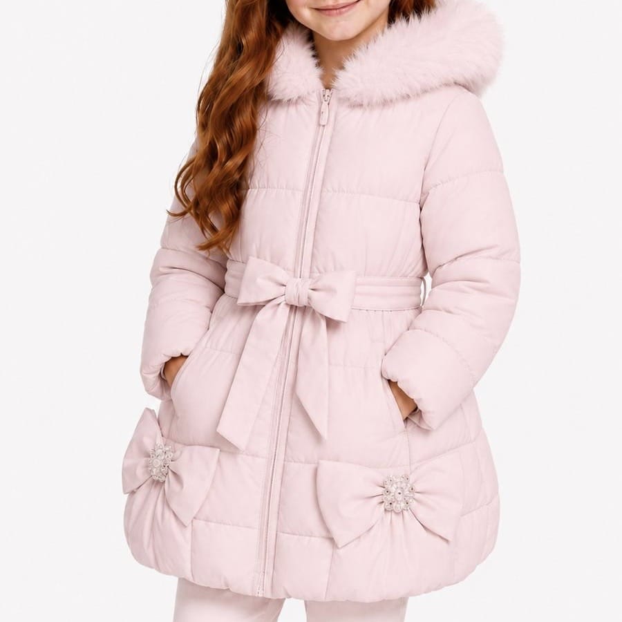 Bimbalo - Fur Hood Bow  Coat - Pink