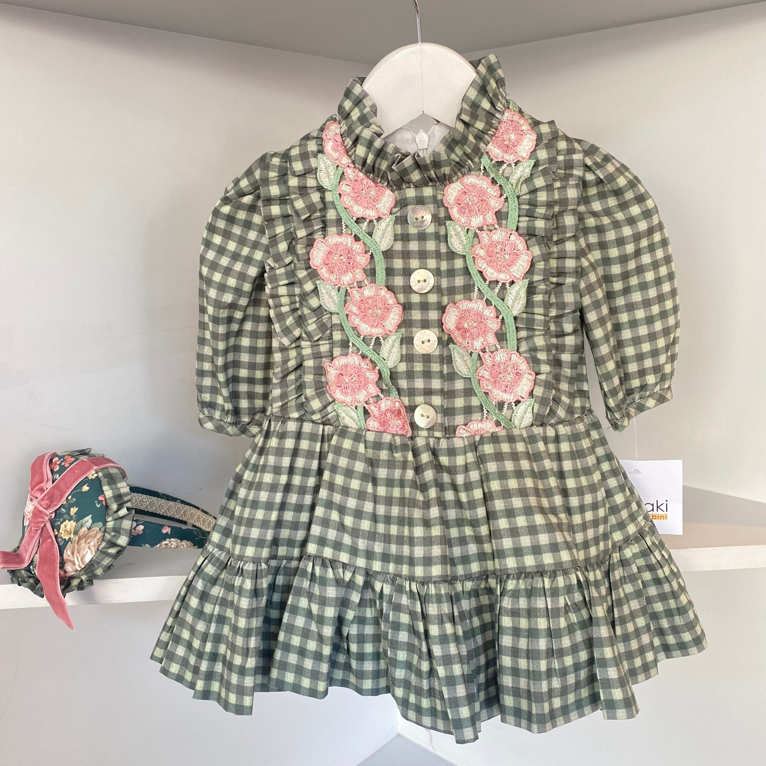 MERAKI - Baby Dress  & Hairband Check Roseton - Green