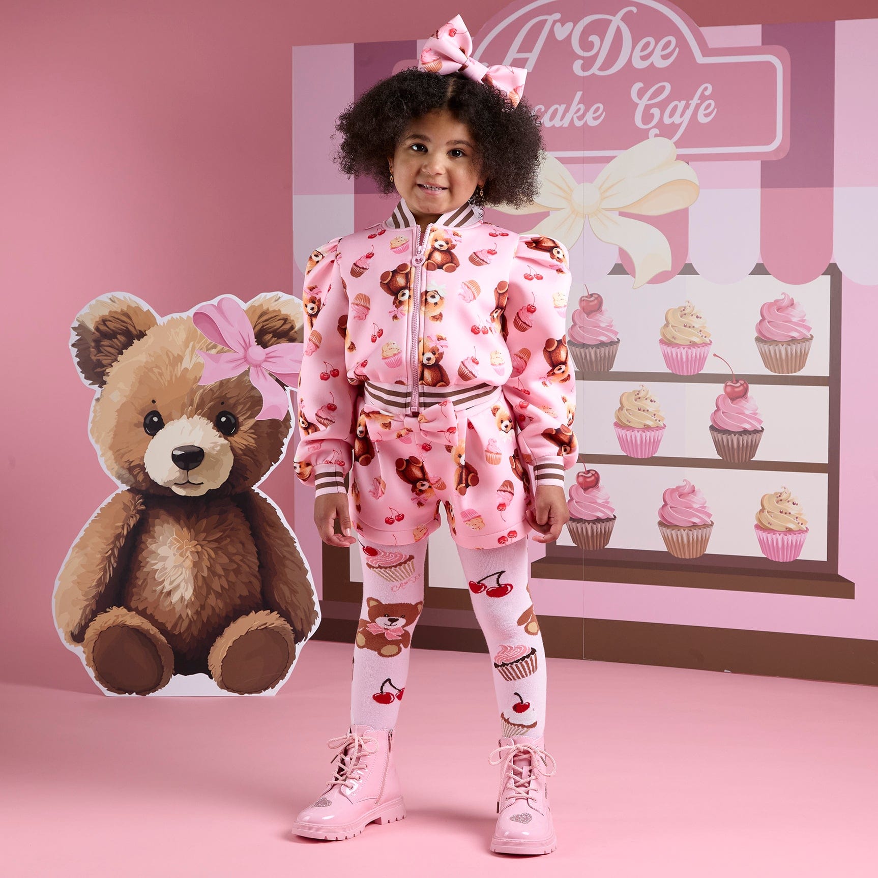 A DEE - Teddy Bear Bakery Lisette Bear Print Bomber - Pink Fairy