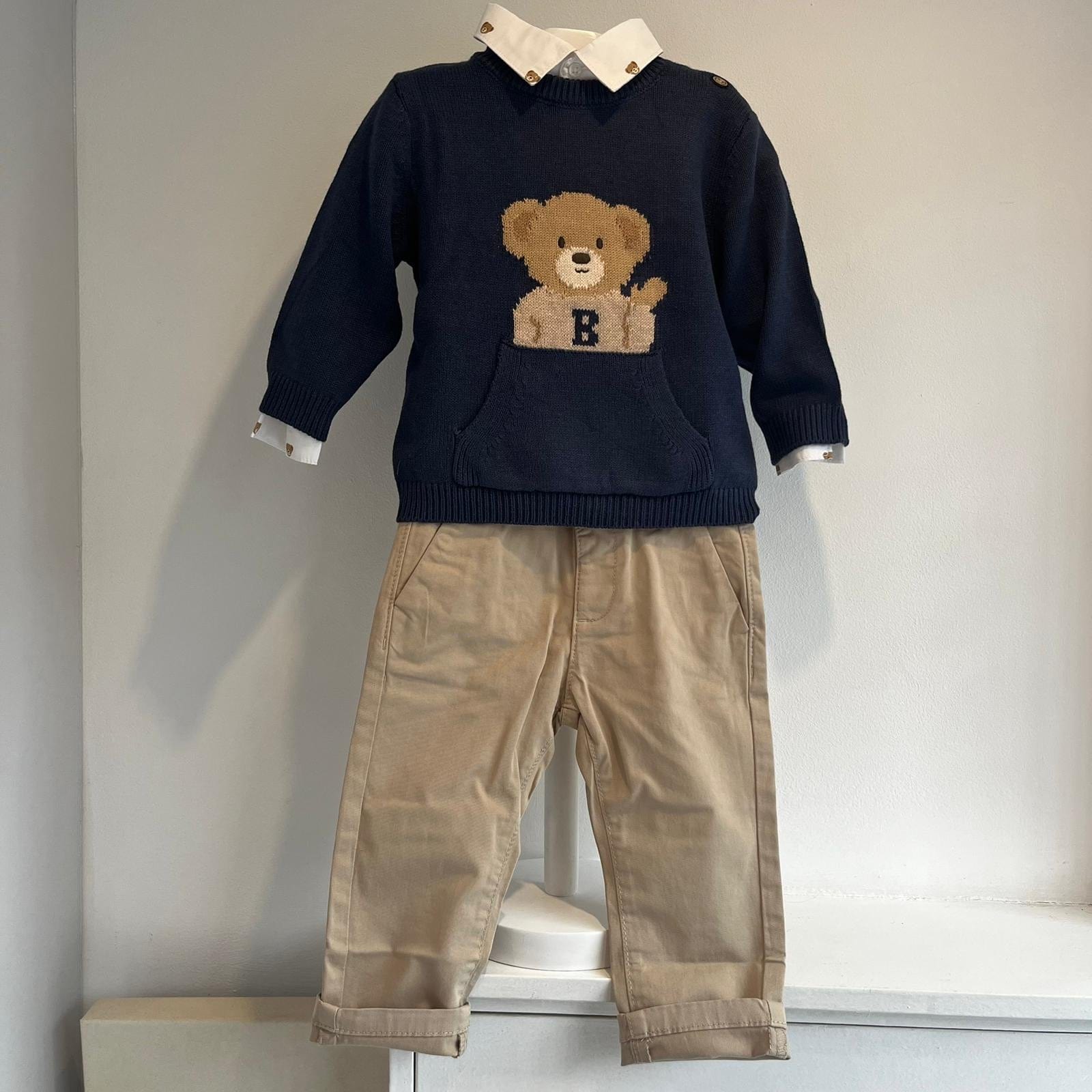 Mayoral - Teddy Bear Jumper, Shirt & Chino Set - Cream