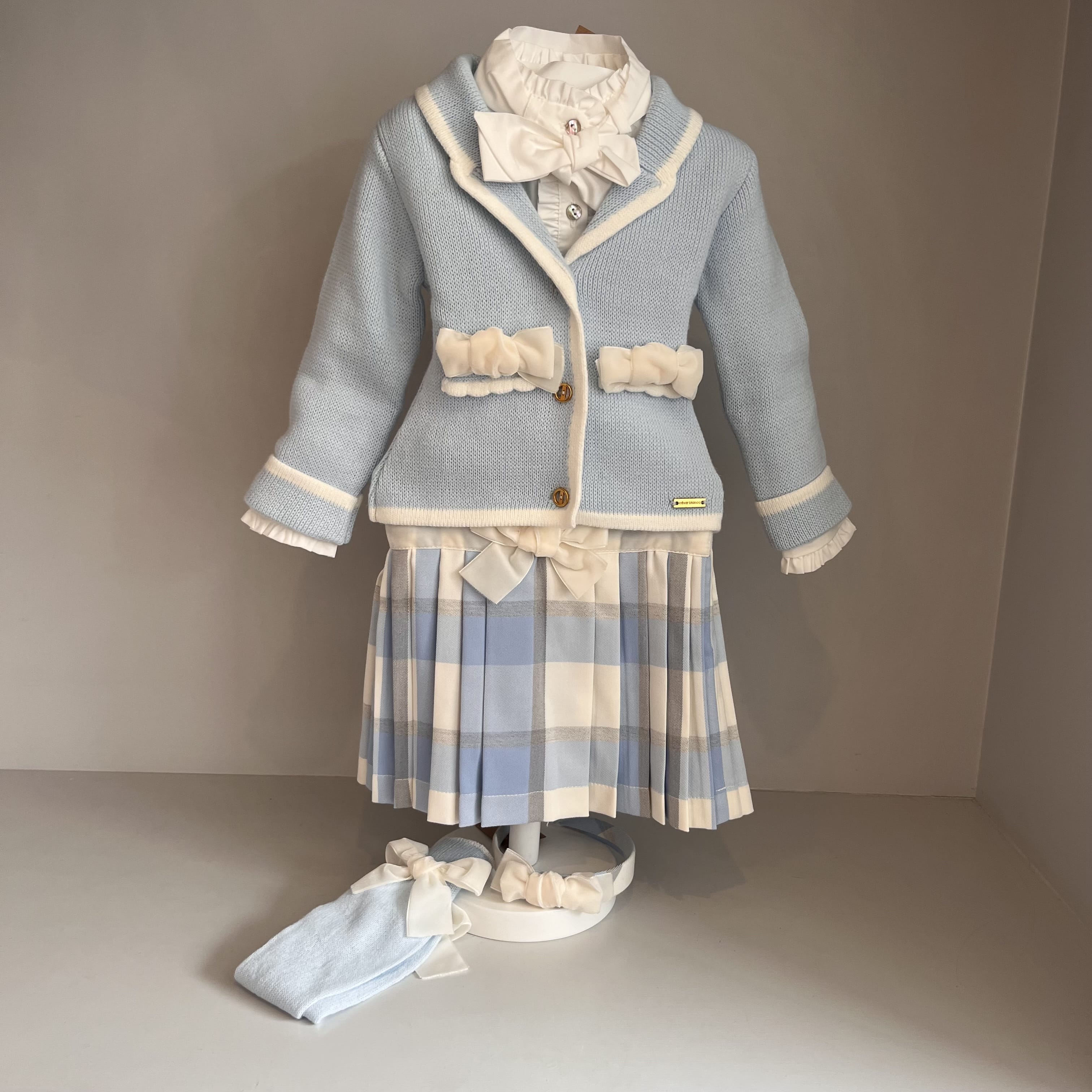 CESAR BLANCO- Four Piece Check Skirt & Knit Jacket Set-Blue