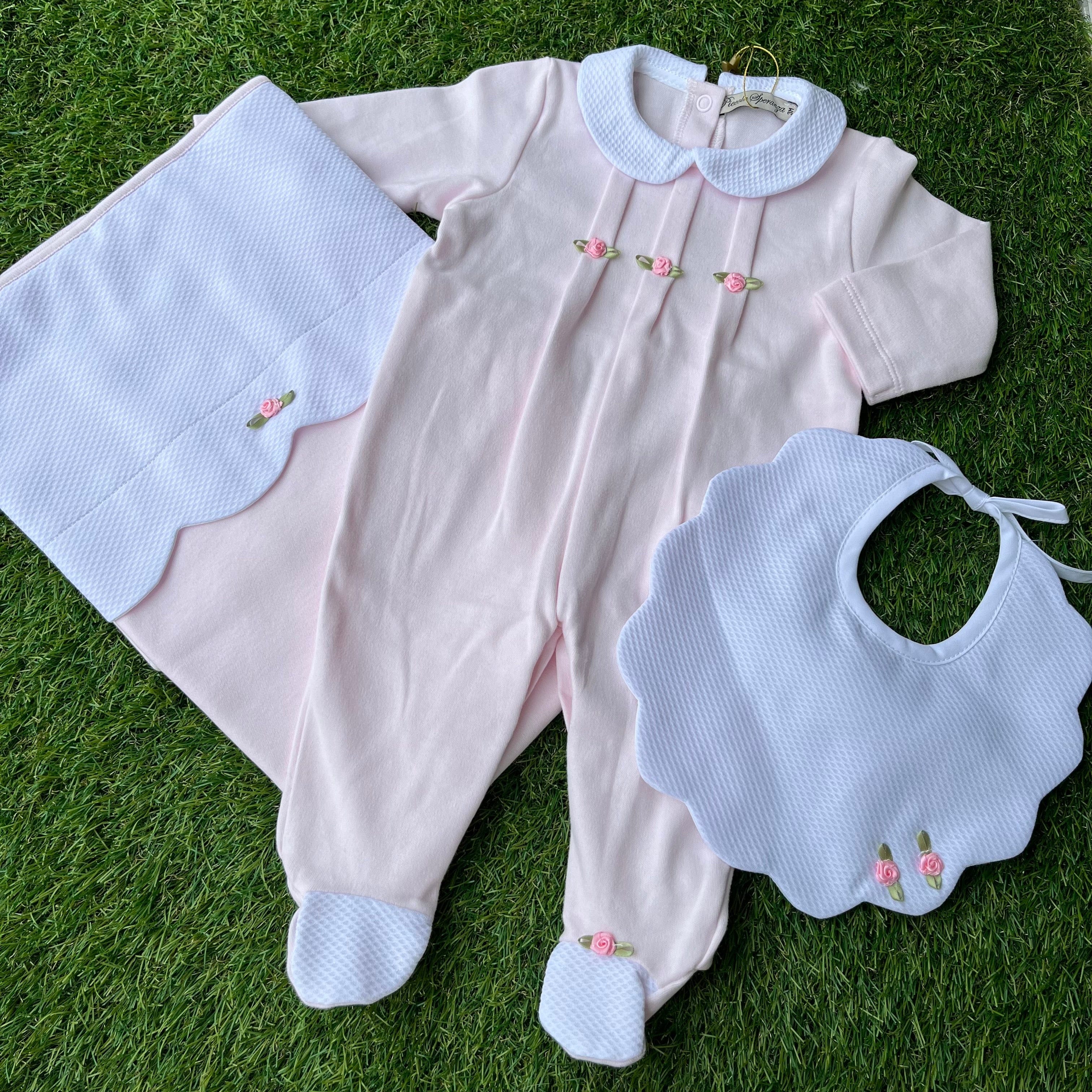 Piccola Speranza -Rose Bud Baby Layette Three Piece Set- Pink