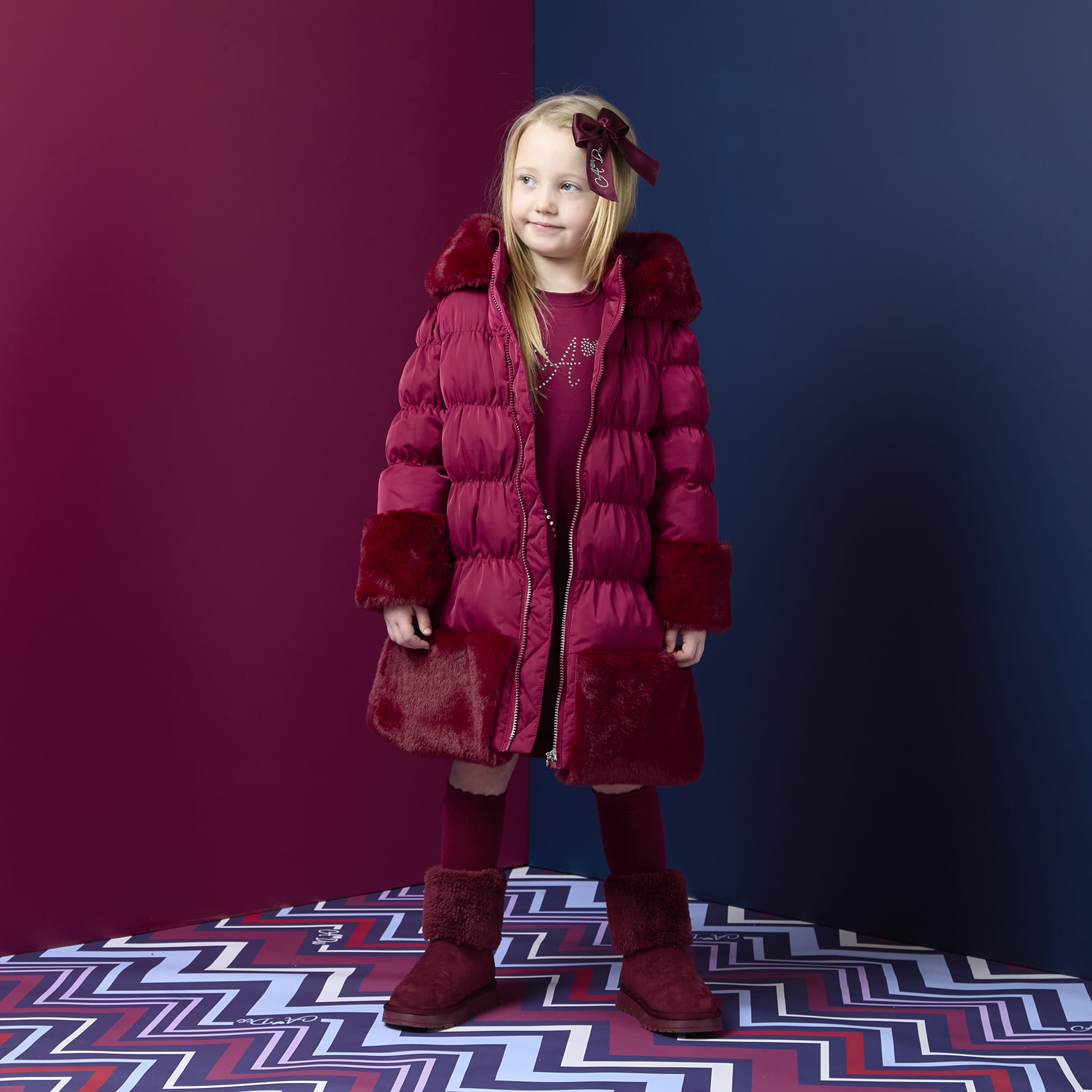 A DEE - Chevron Charm Aurora Fur Trim Jacket - Deep Cherry