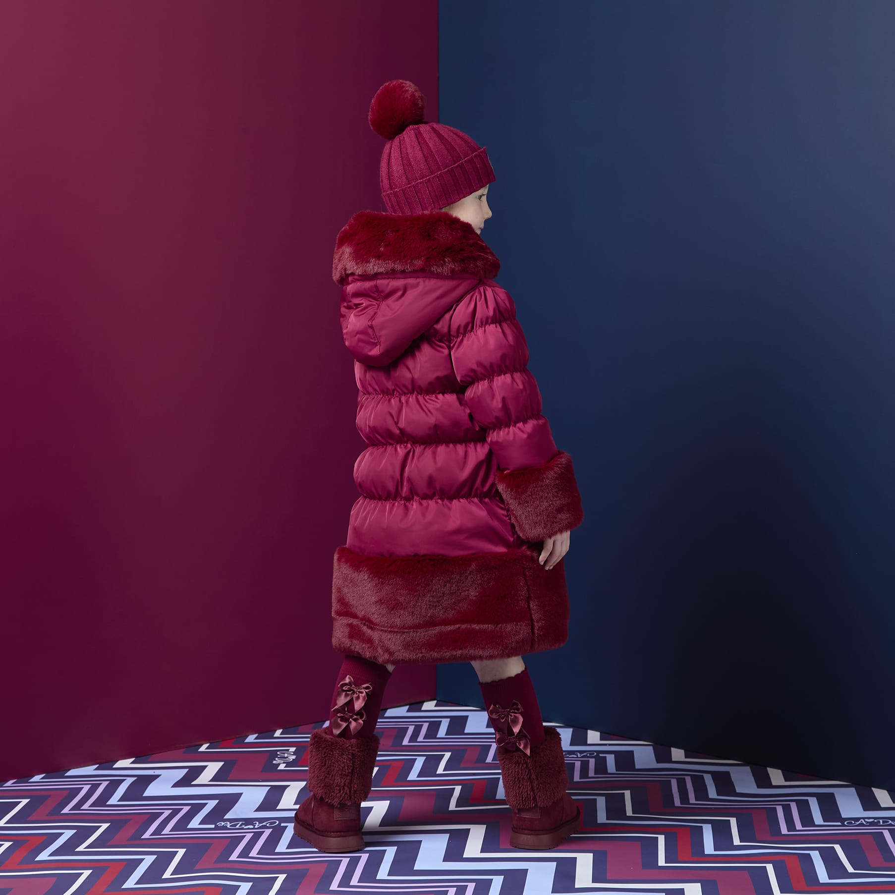 A DEE - Chevron Charm Aurora Fur Trim Jacket - Deep Cherry