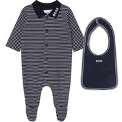 HUGO BOSS - Stripe Collar Babygrow  & Bib Set -  Navy