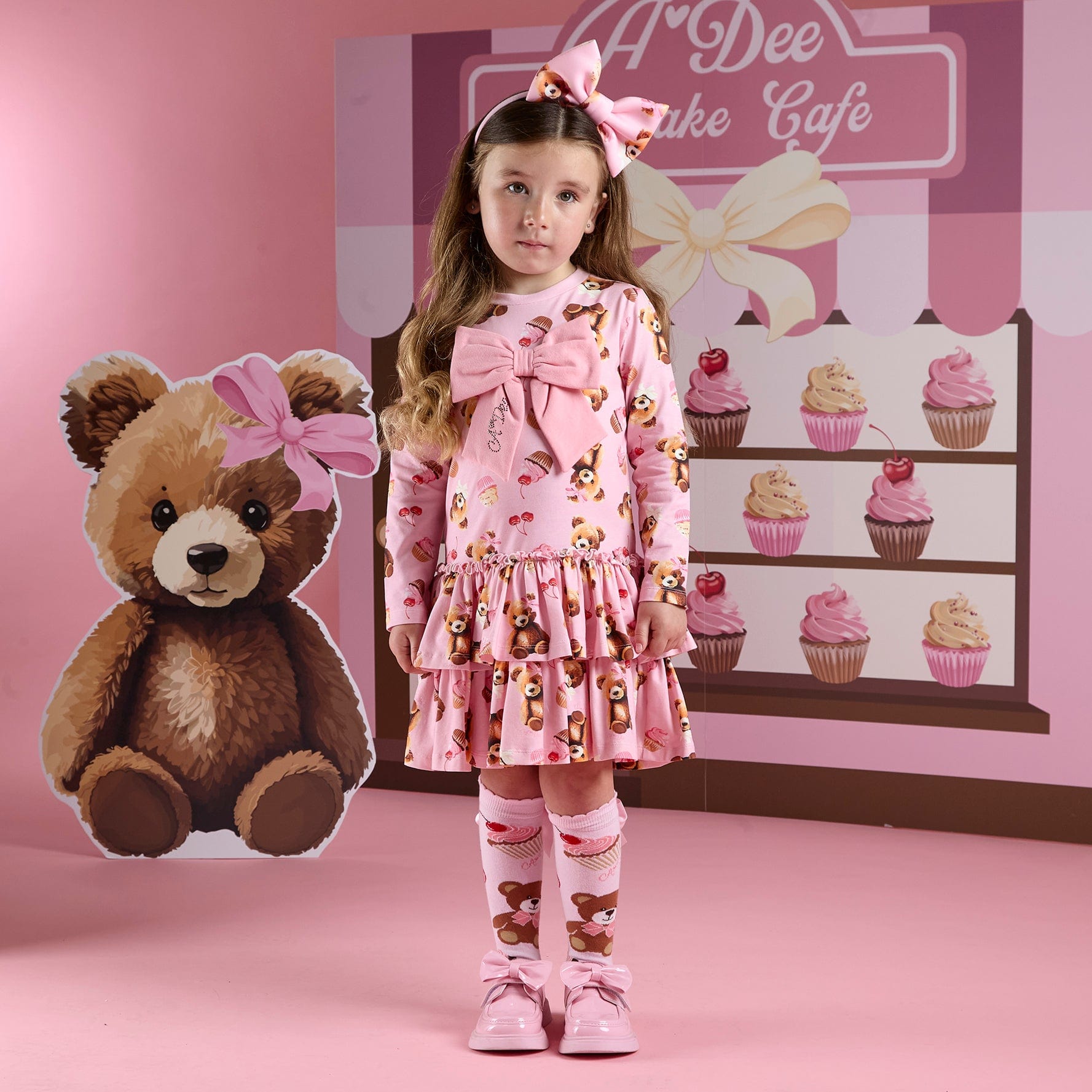 A DEE - Teddy Bear Bakery Liberty Bear Print Triple Frill Dress With Bow - Pink Fairy