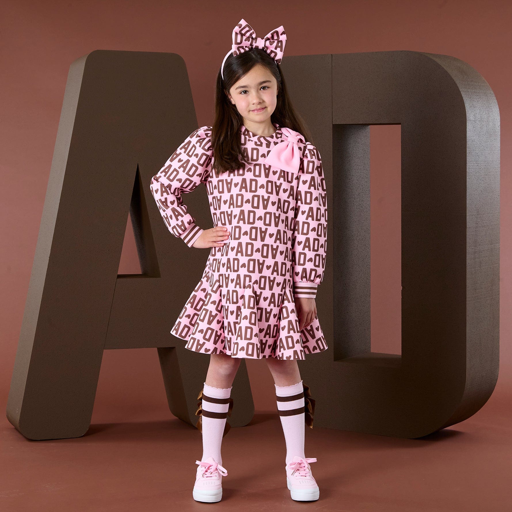 A DEE - Initial Icon Maisie Initial Print Bow Dress - Chocolate Brown