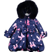 Bimbalo - Fur Hood Bow Print Coat - Navy