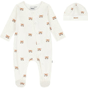 HUGO BOSS - Cotton Print Babygrow  & Hat Set -  Cream