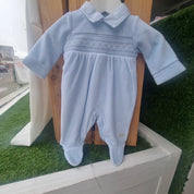 BLUES BABY - Velour Smocking Detail Cotton Babygrow - Blue