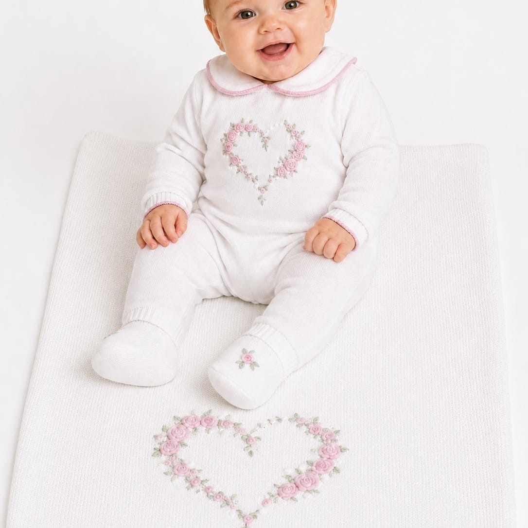 BIMBALO - Hand Embroidered Knitted  Blanket Romper & Booties - White