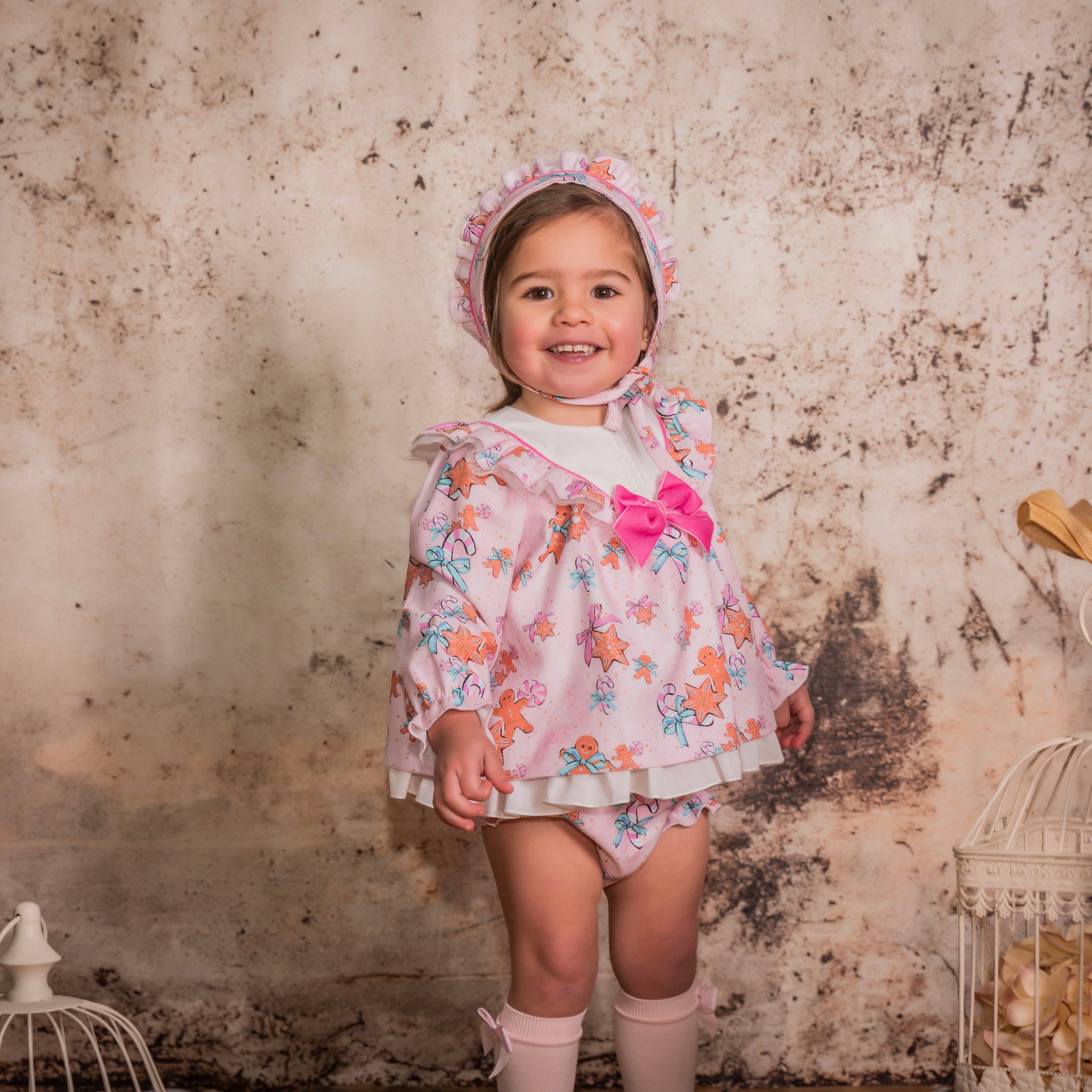 BABINE - Gingerbread Baby Dress & Bonnet - Pink