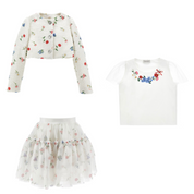 MONNALISA - Flower Garden Three Piece Skirt Set & Jacket - White