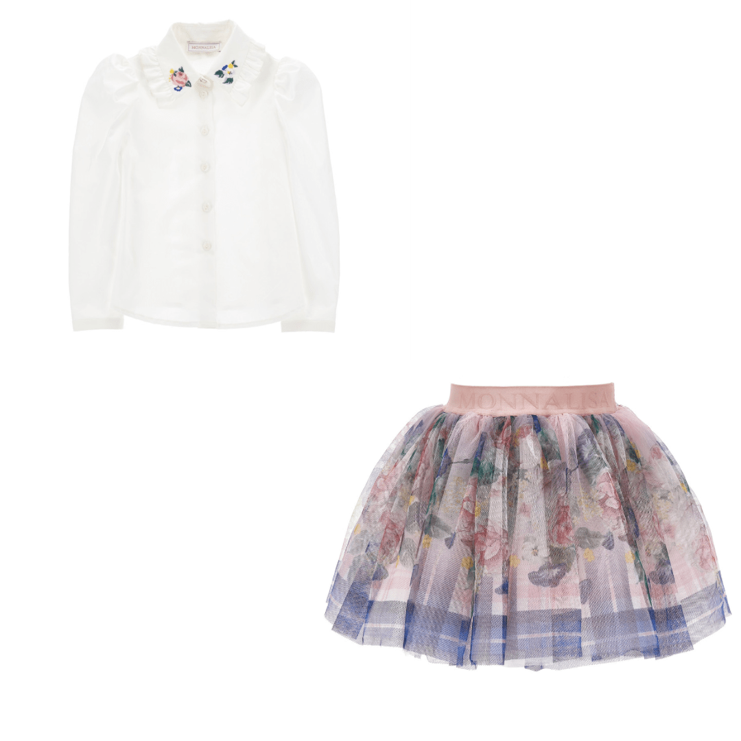 MONNALISA - Roses Blouse & Tulle Skirt Set - Pink