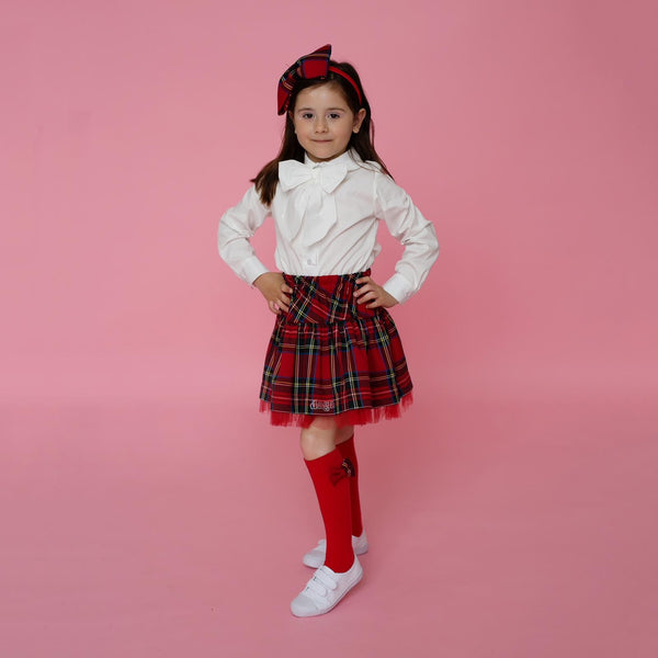 Daga - Tartan Three Piece Skirt Set ( Removable Bow On Blouse )- Red