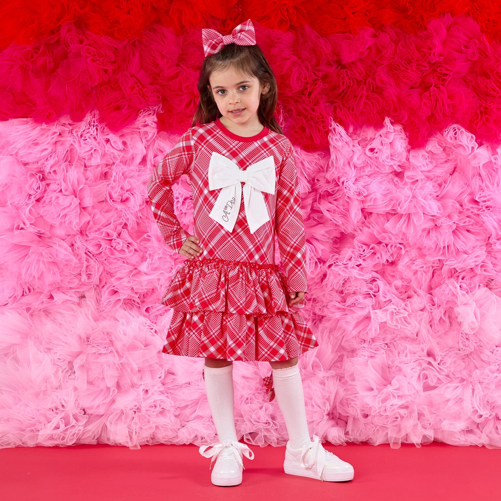 A DEE -  Love Story Liberty check Triple Frill Dress With Bow - Vibrant Red