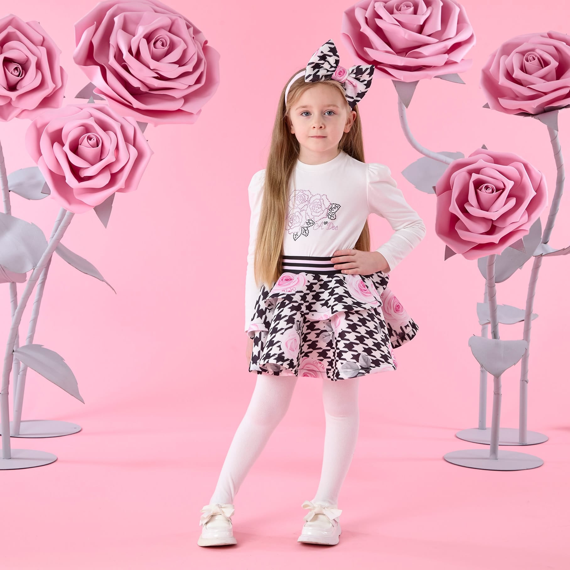 A DEE - Winter Bloom Anastasia Houndstooth Print Skirt Set - Snow White
