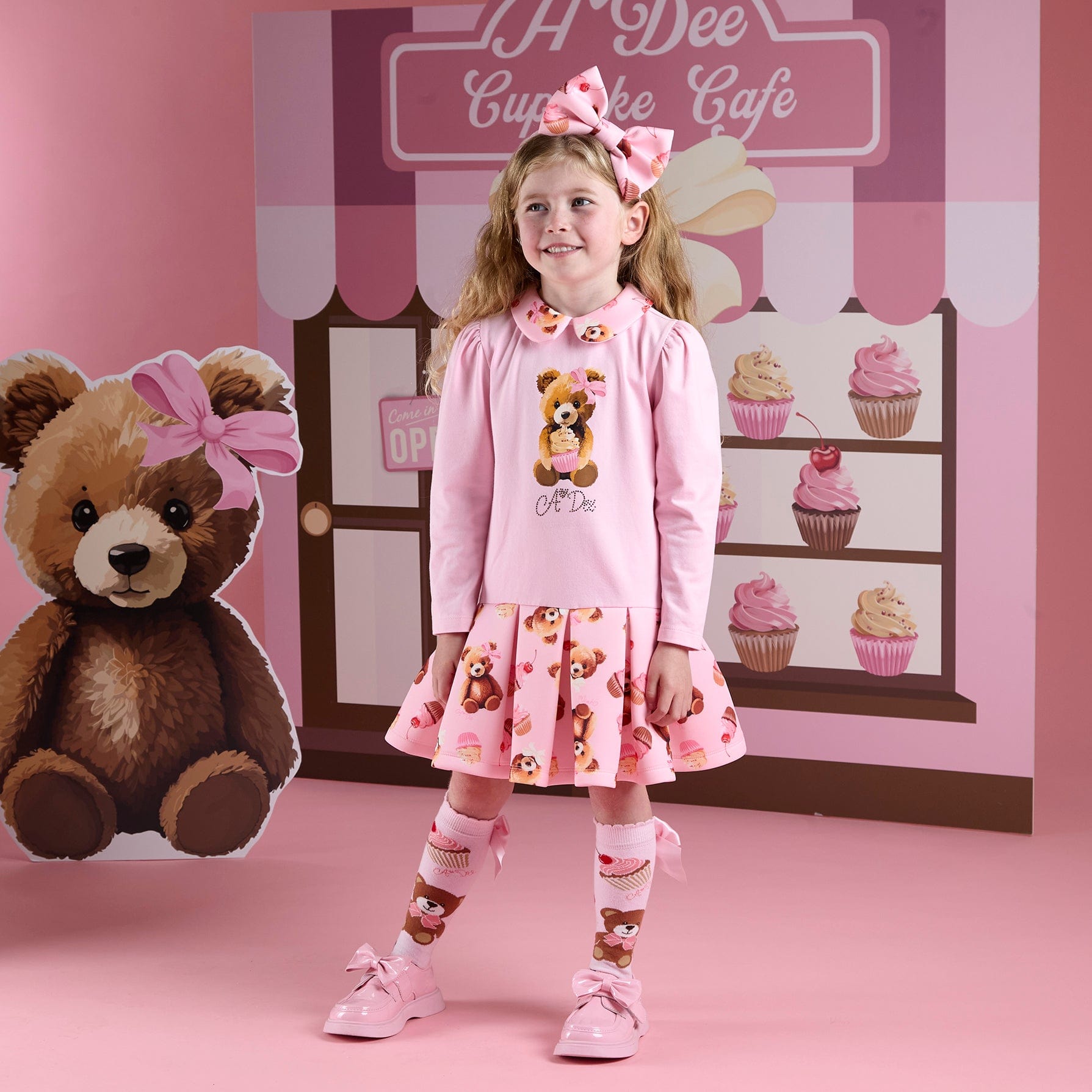 A DEE - Teddy Bear Bakery Meadow Bear Print Mix Dress - Pink Fairy