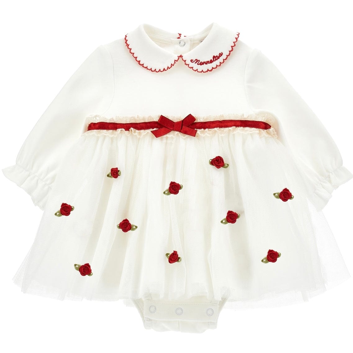 MONNALISA - Rose Bud & Lace Two Piece Romper Dress Set - Red