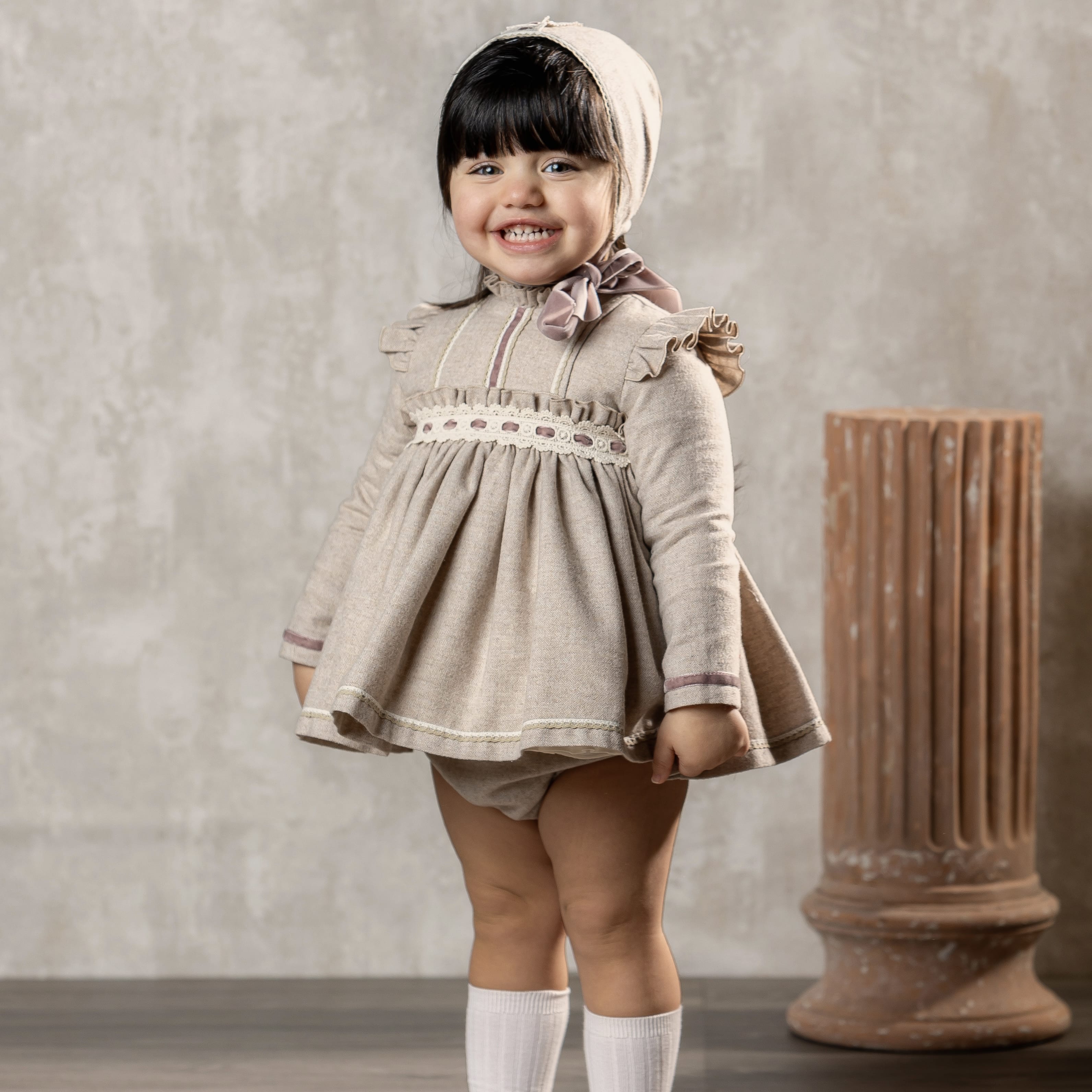 ABUELA TATA - Ava Baby Dress & Bonnet - Camel