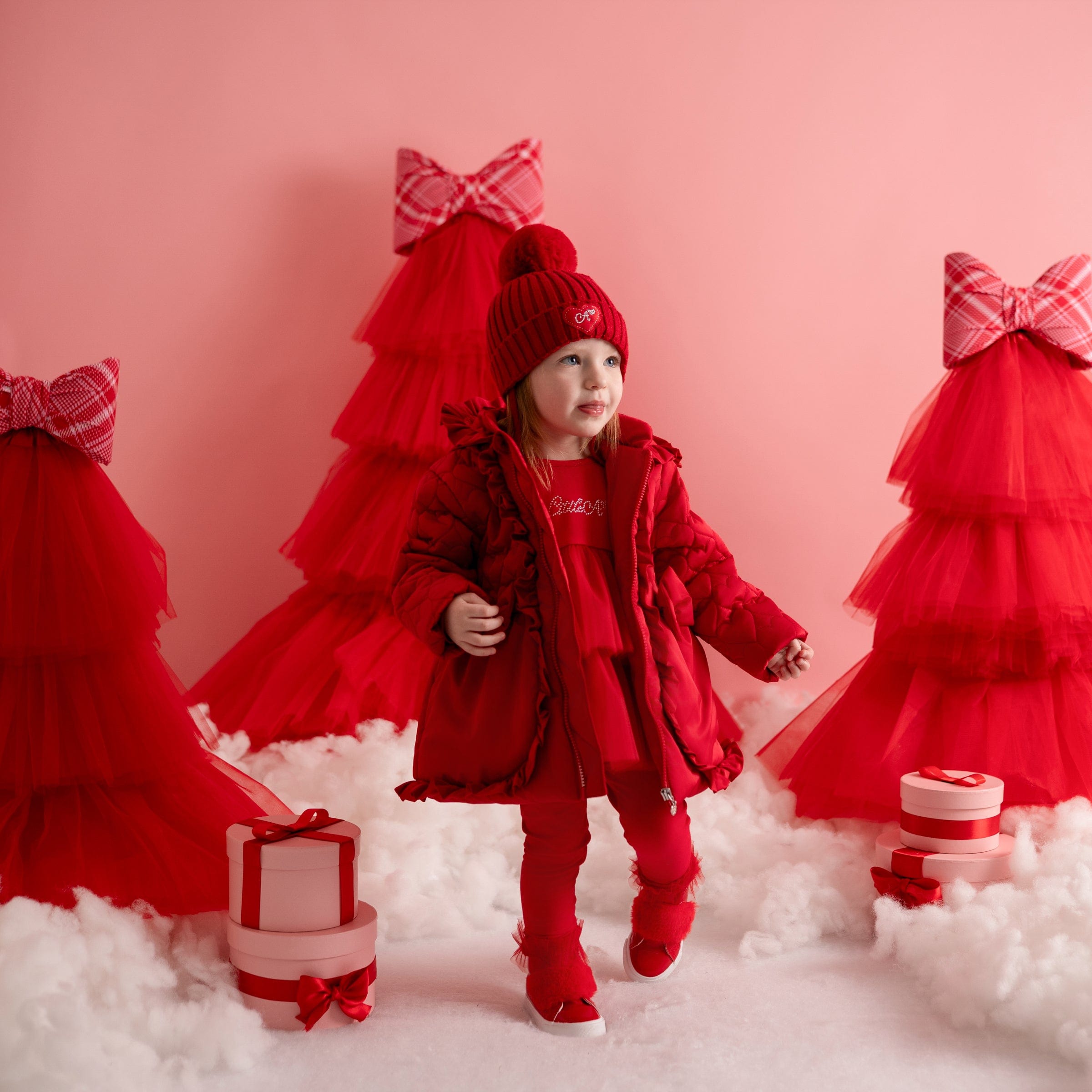 LITTLE A - Little Bows Kaia Heart Embroidery Puff Hooded Jacket - Vibrant Red