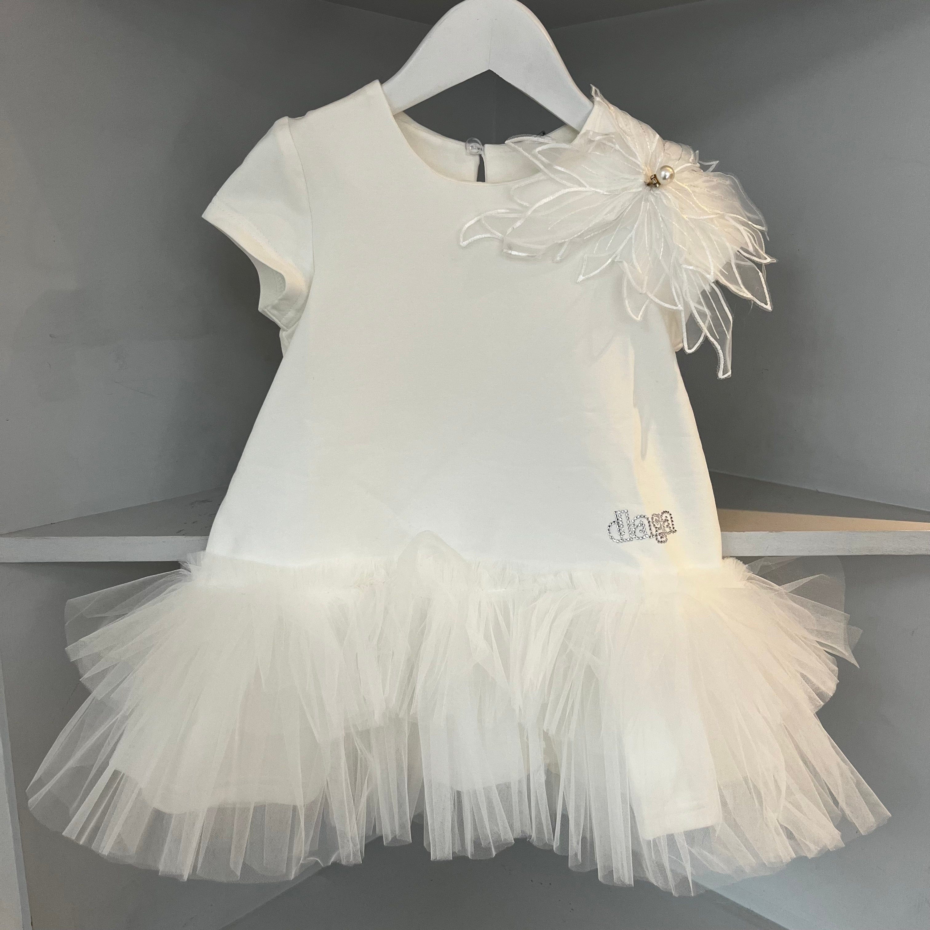 Daga - Ceremony Embellished Shoulder Motif Tutu Dress - Cream
