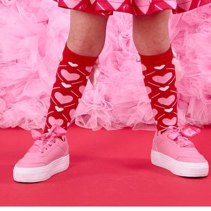 A Dee - Love Story Leah Heart Print Knee High Bow Socks - Vibrant Red