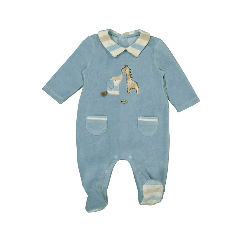 MAYORAL - Elephant & Giraffe Velour Babygrow - Blue