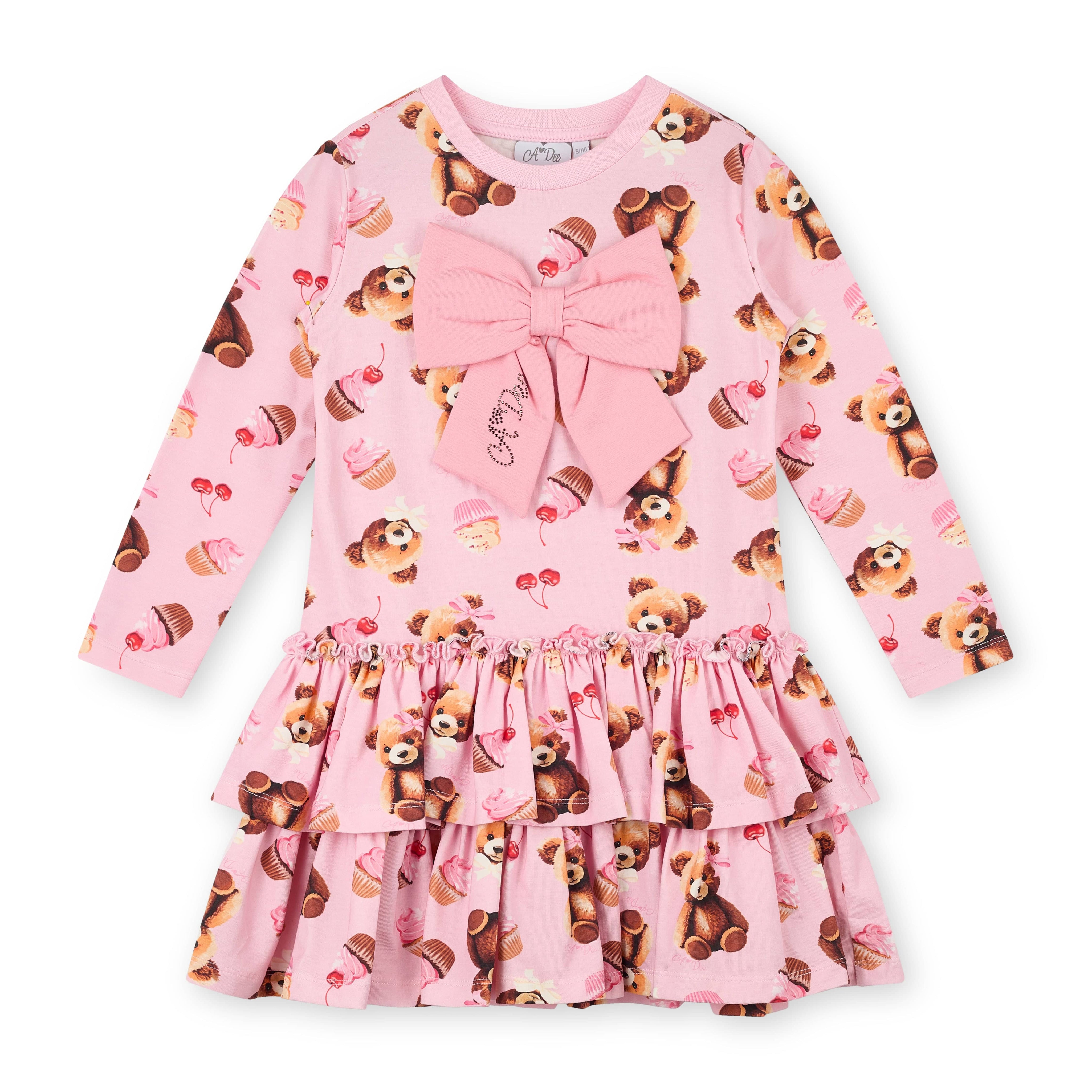 A DEE - Teddy Bear Bakery Liberty Bear Print Triple Frill Dress With Bow - Pink Fairy