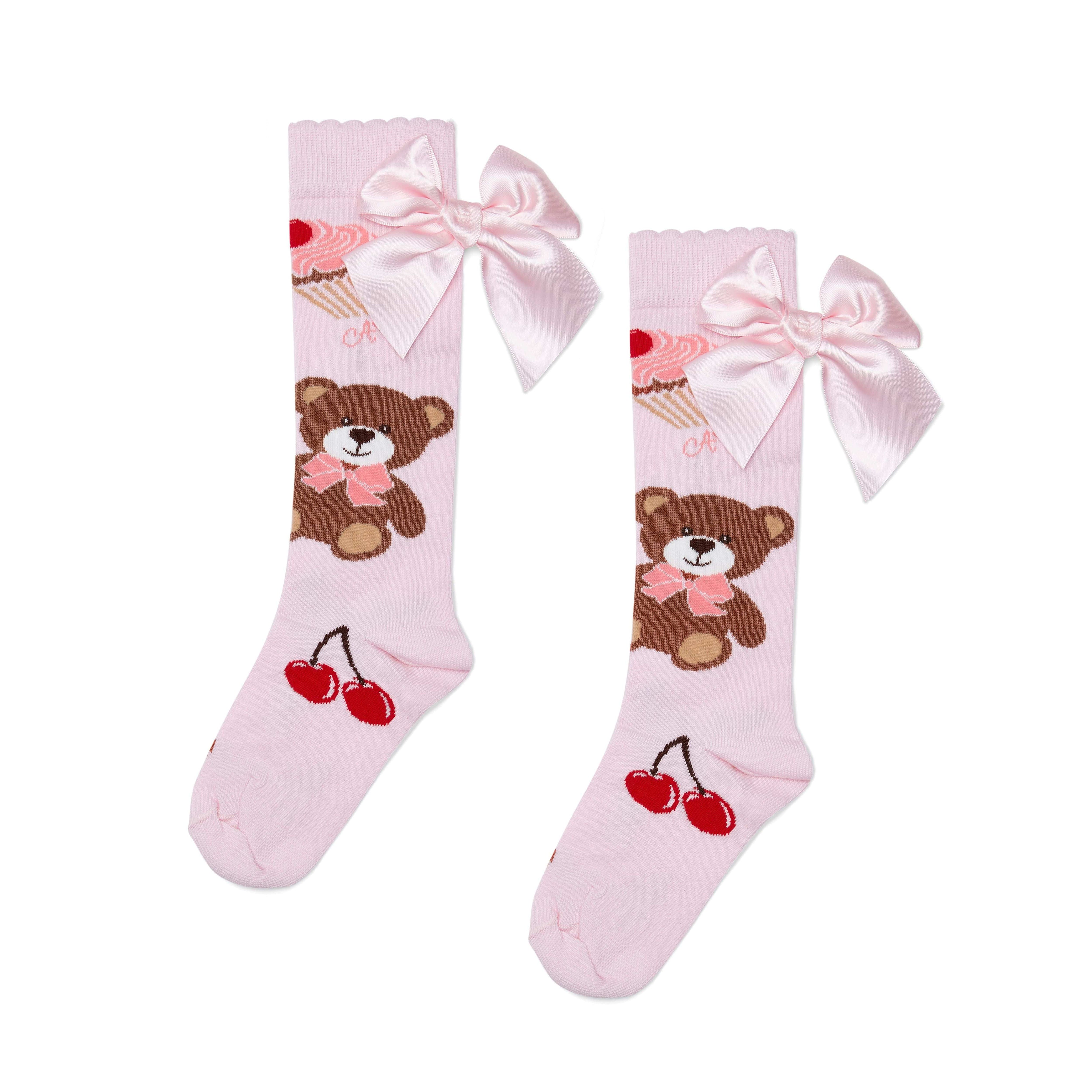 A DEE - Teddy Bear Bakery Leah Bear Print Bow Knee High Socks - Pink Fairy