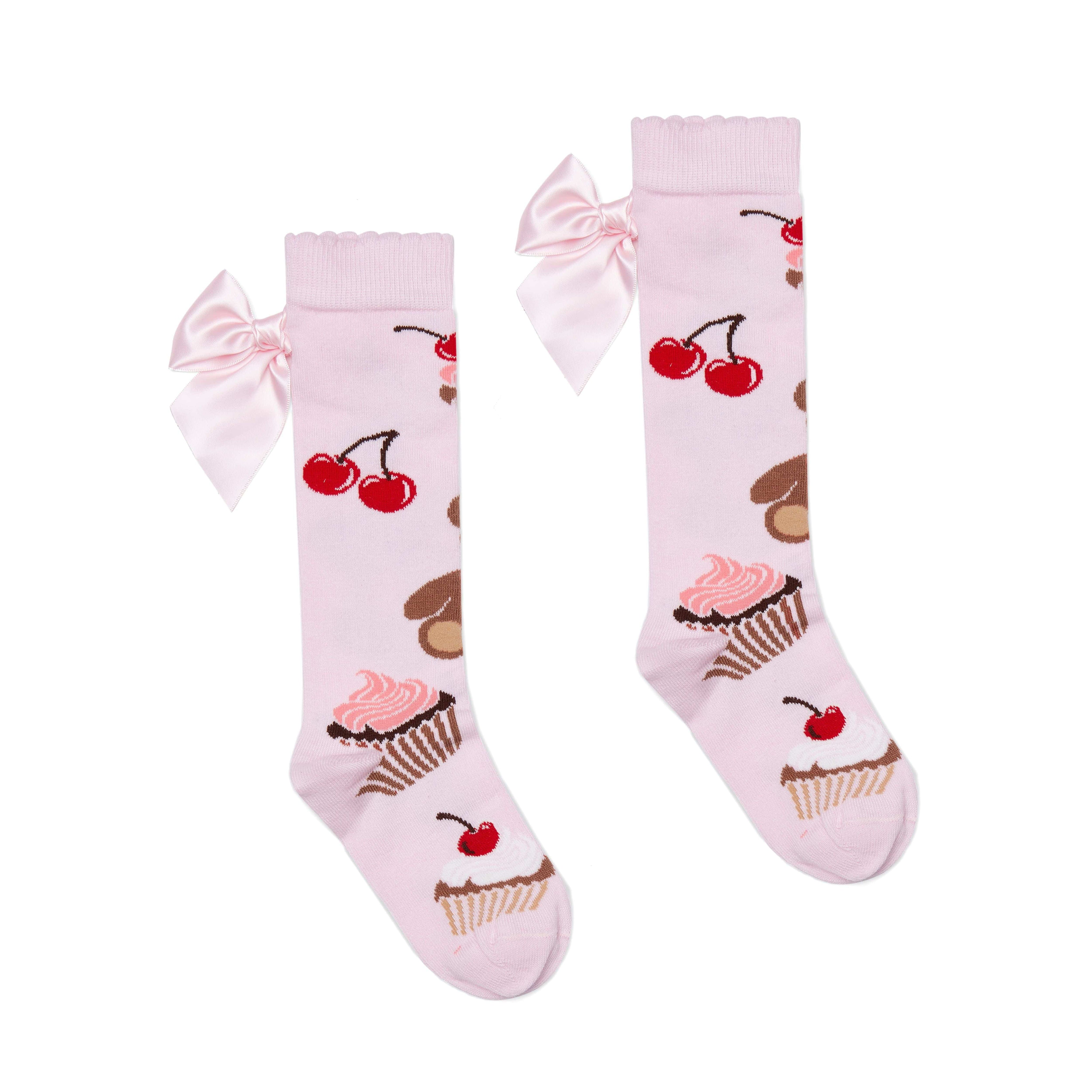 A DEE - Teddy Bear Bakery Leah Bear Print Bow Knee High Socks - Pink Fairy