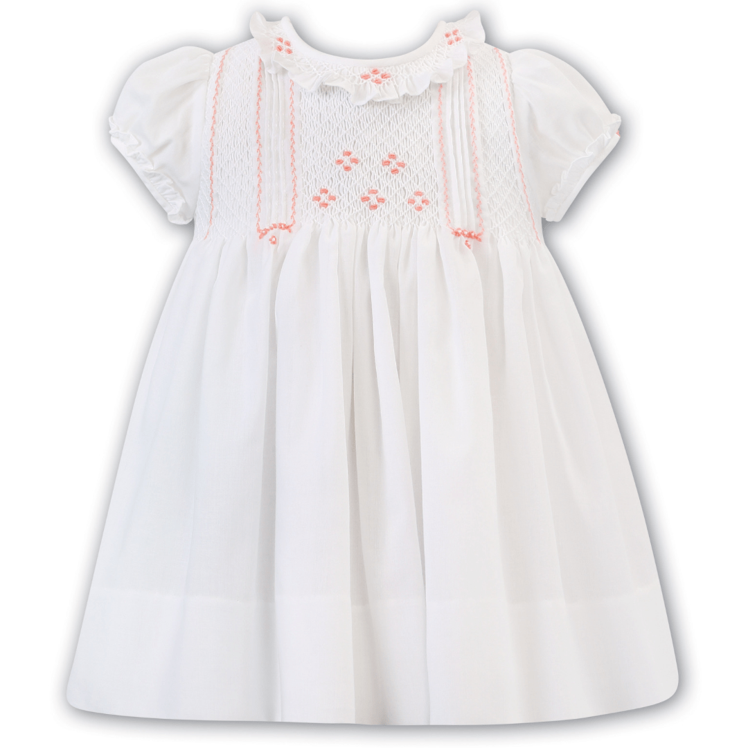 SARAH LOUISE -  Smocked Frill Collar With Peach Detail Dress - Ivory