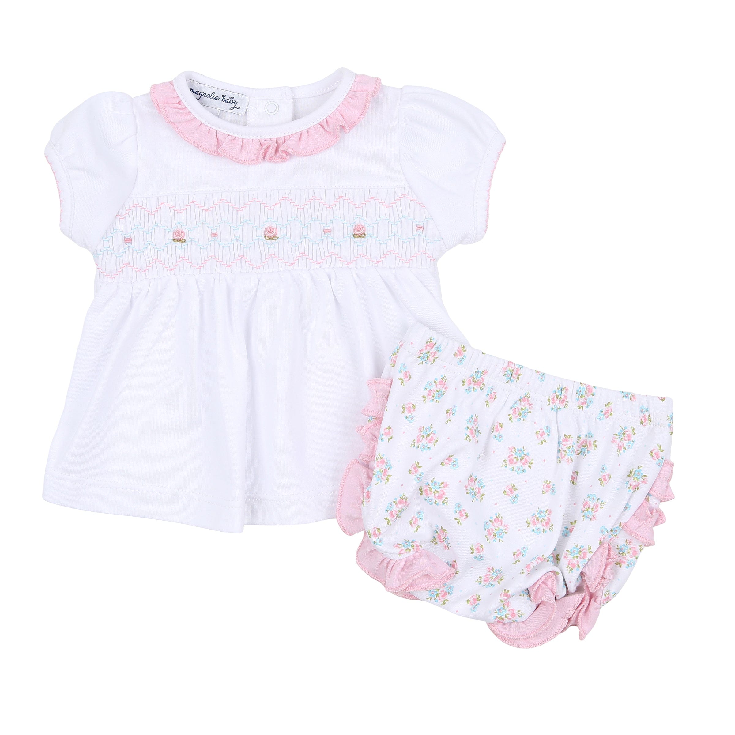 Magnolia Baby Girls Pink Checks Smocked Flutters Dress Set