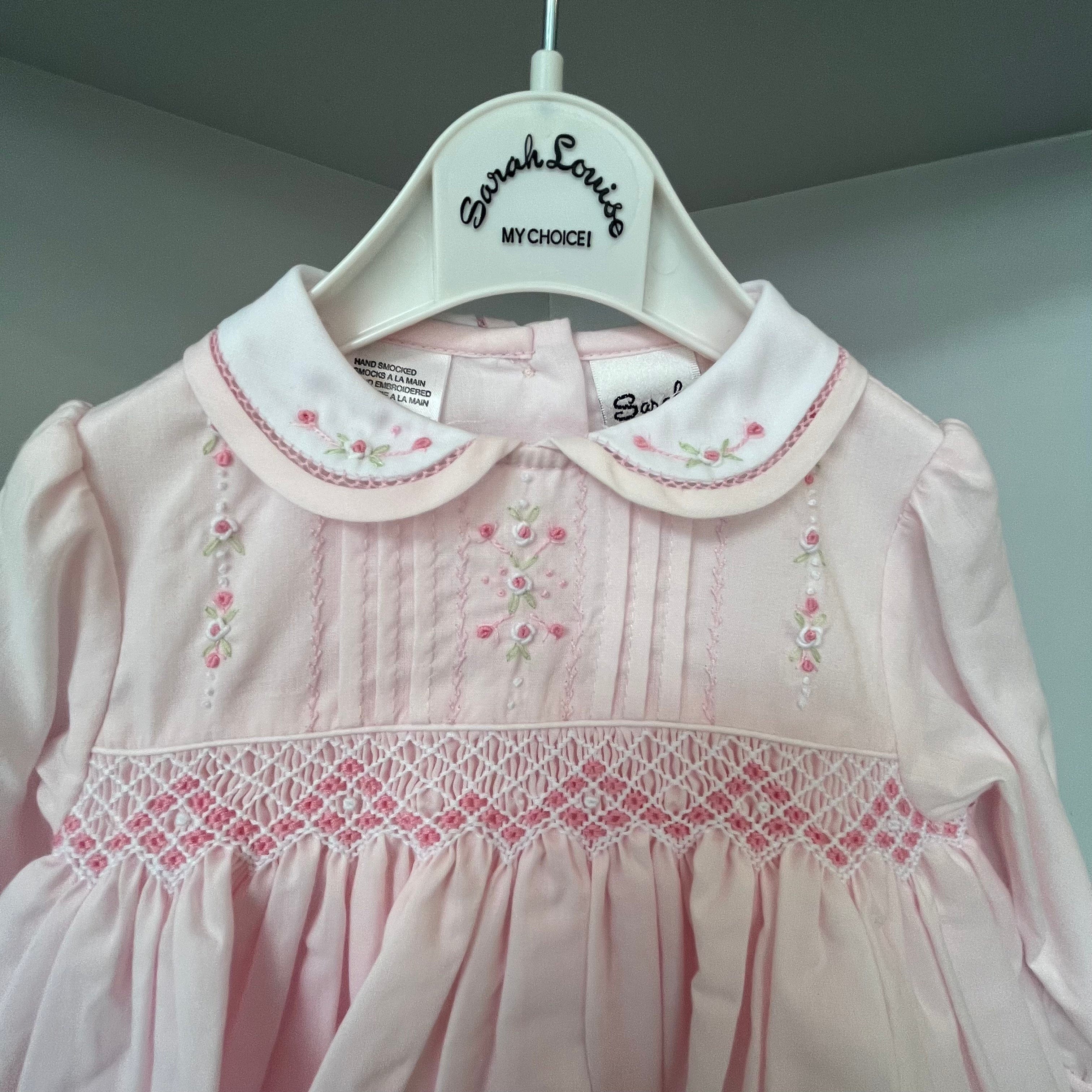 SARAH LOUISE - Peter Pan Collared  Embroidered Smock Dress- Pink