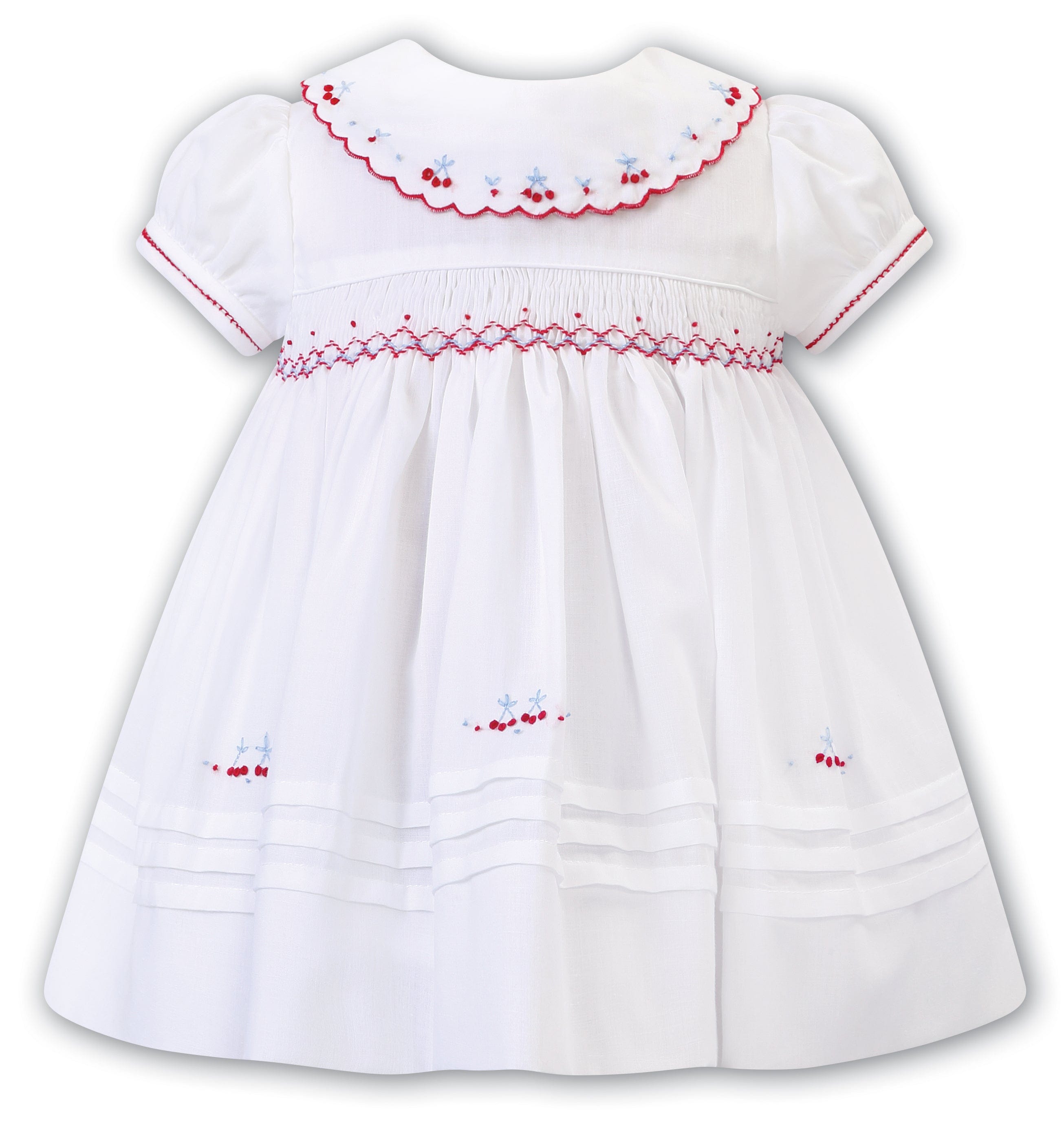 SARAH LOUISE -  Smocked Bib Collar With Cherry Detail Dress - White