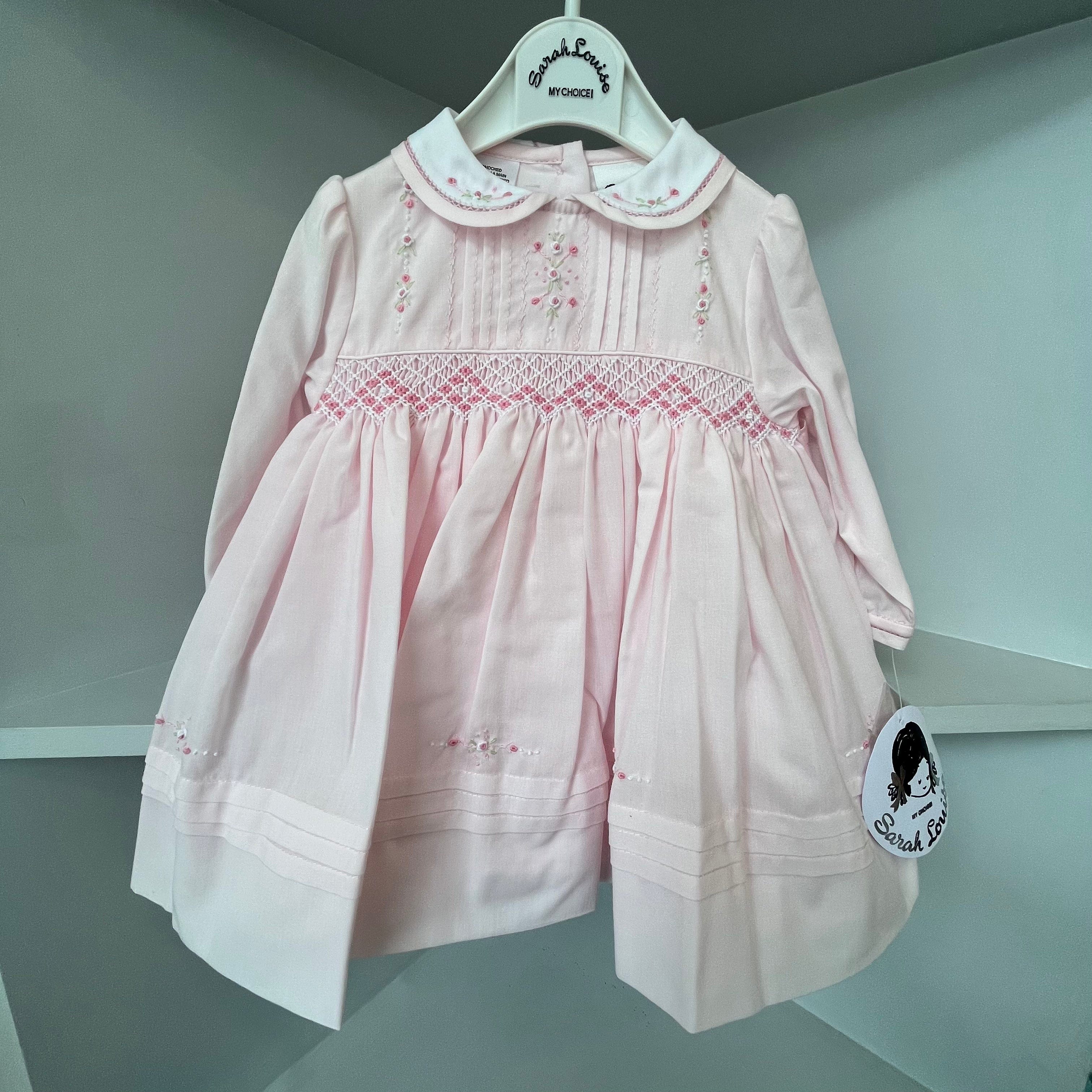 SARAH LOUISE - Peter Pan Collared  Embroidered Smock Dress- Pink