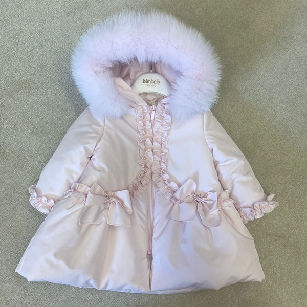 Bimbalo - Fur Hood Pearl detail Bow Coat - Pink