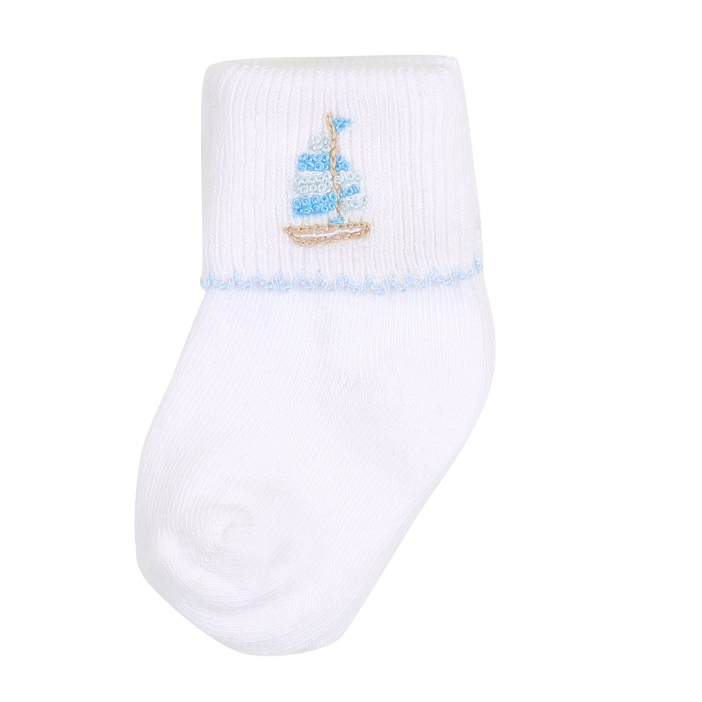 MAGNOLIA BABY - Tiny Sailboat Embroidered Socks - White