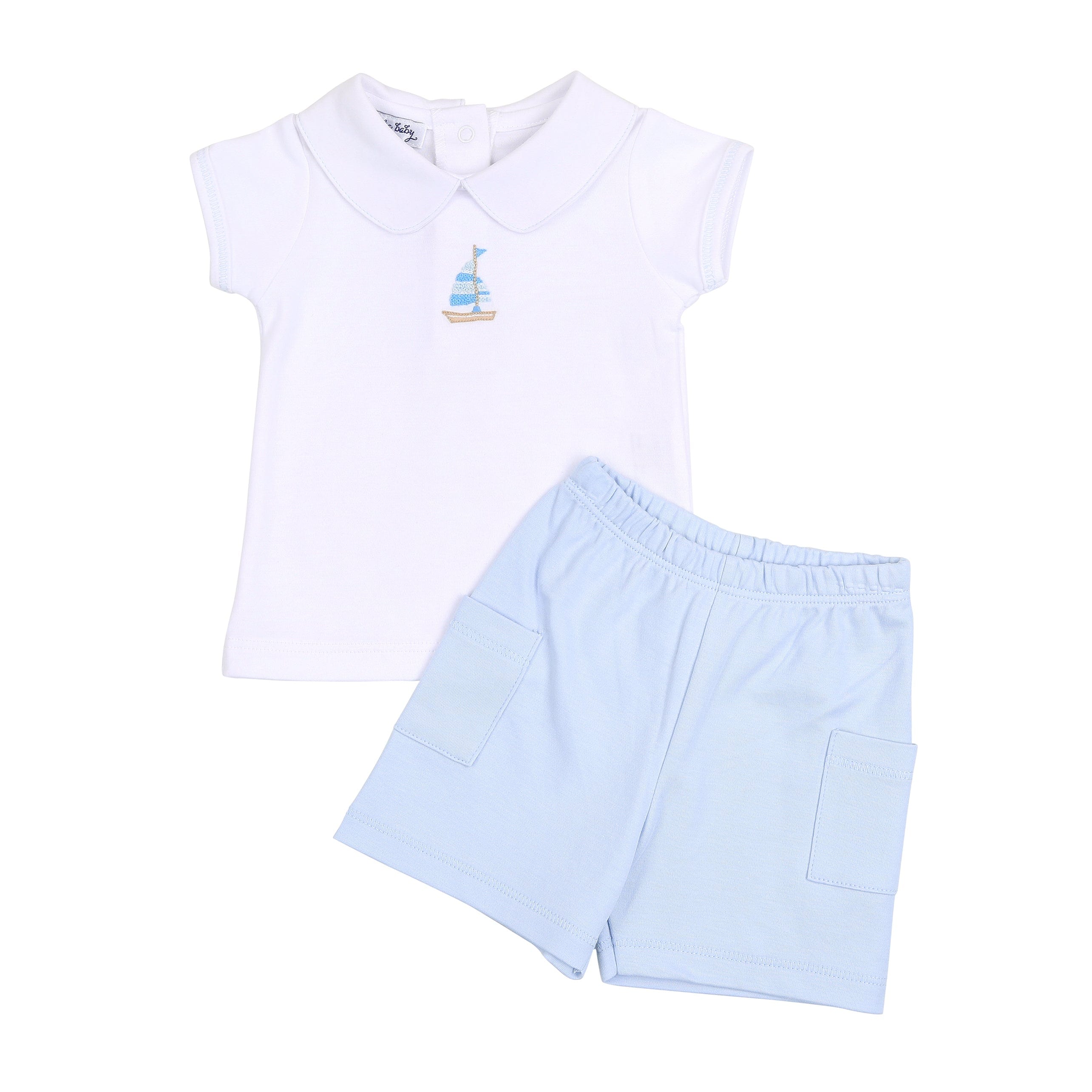 MAGNOLIA BABY - Tiny Sailboat Embroidered Short Set - Blue