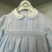 SARAH LOUISE - Peter Pan Collared  Embroidered Smock Dress- Blue