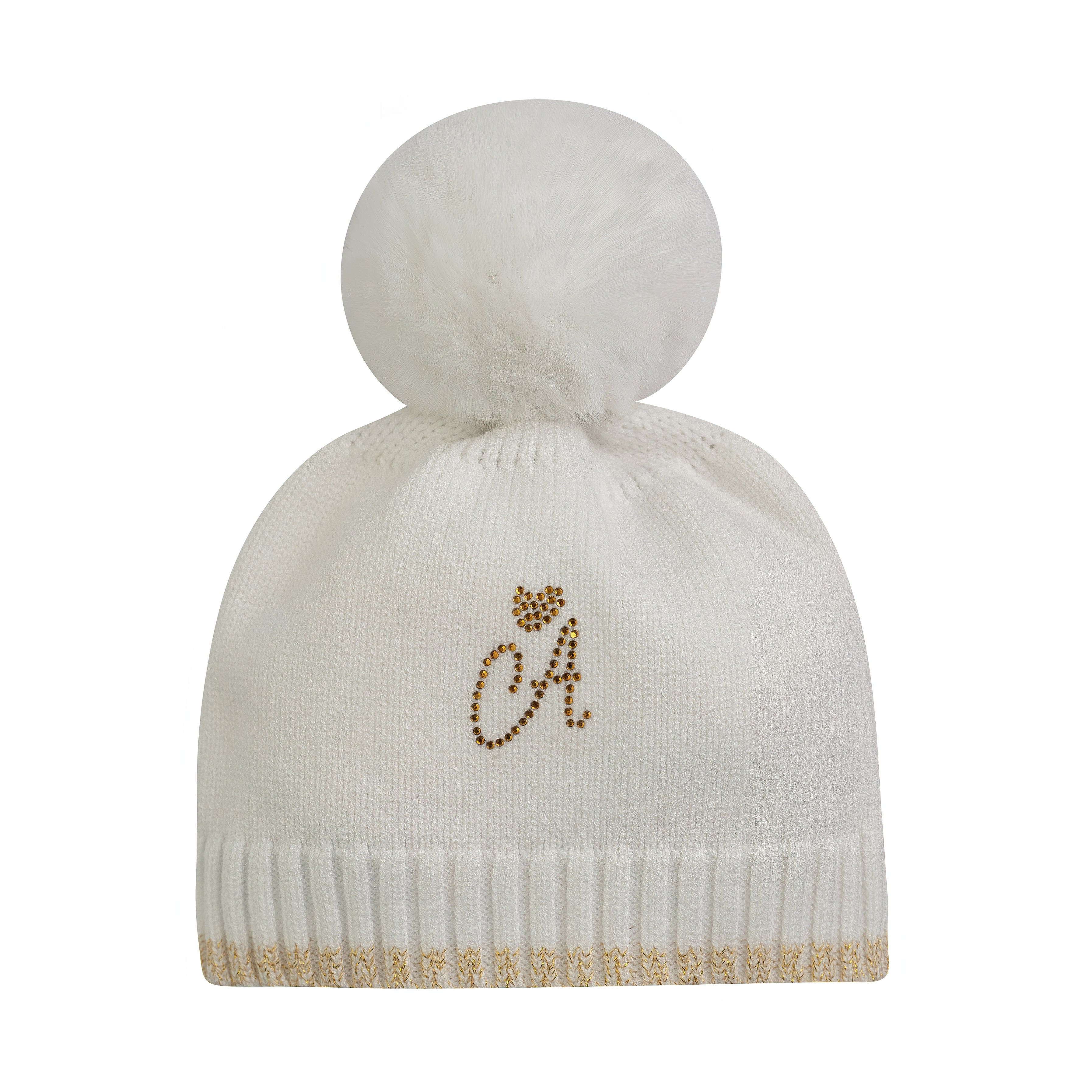 LITTLE A - Check Me Out Emberley KnittedPom Pom Hat - White