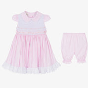 PRETTY ORIGINALS - Smocked Stripped Dress Set & Hairband  - Pink