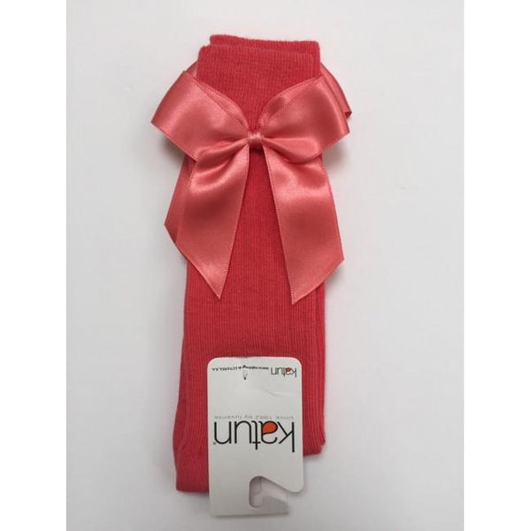 APRICOT - Ribbed Knee High Bow Sock - Coral