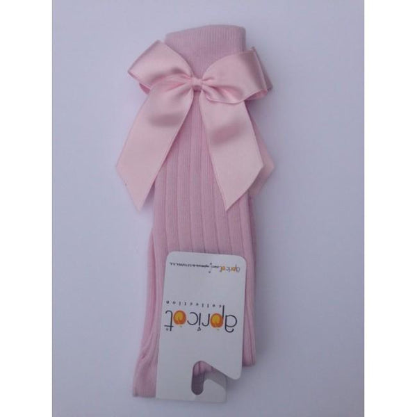 APRICOT - Ribbed Knee High Bow Socks - Baby Pink