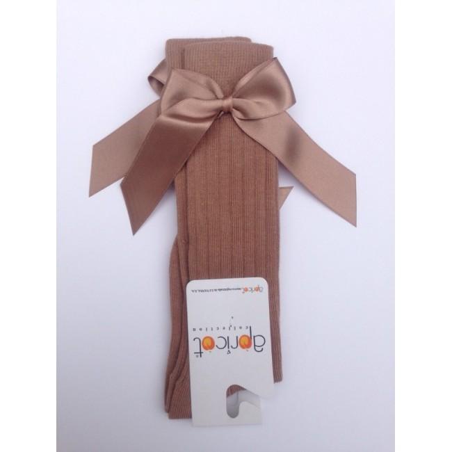 APRICOT - Ribbed Knee High Bow Sock - Light Brown