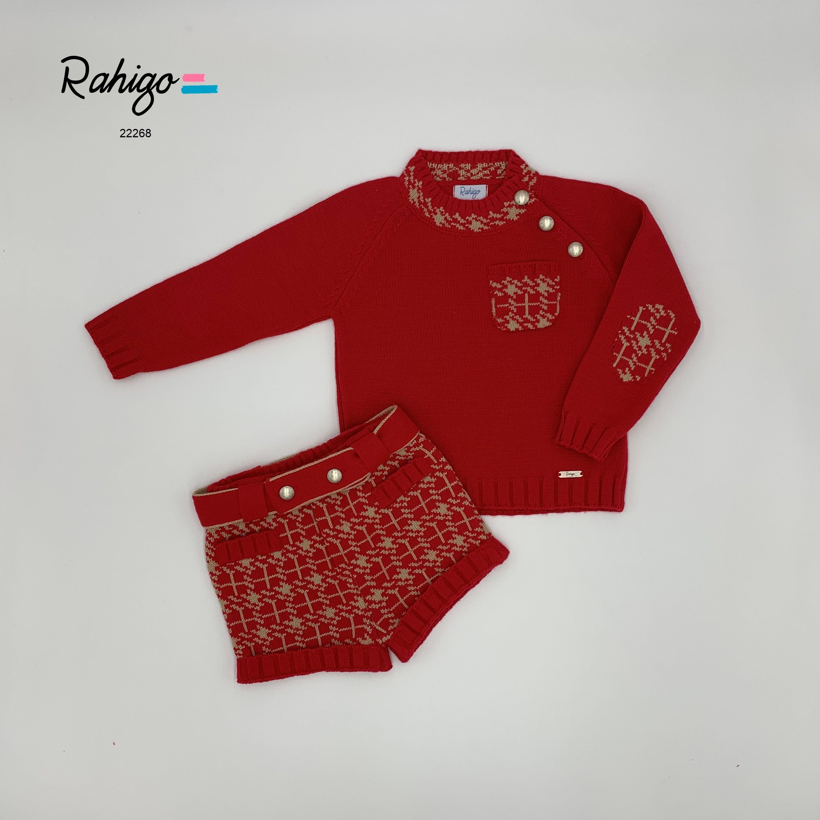 Rahigo - Three Piece Short Set With Camel Trim -  Red