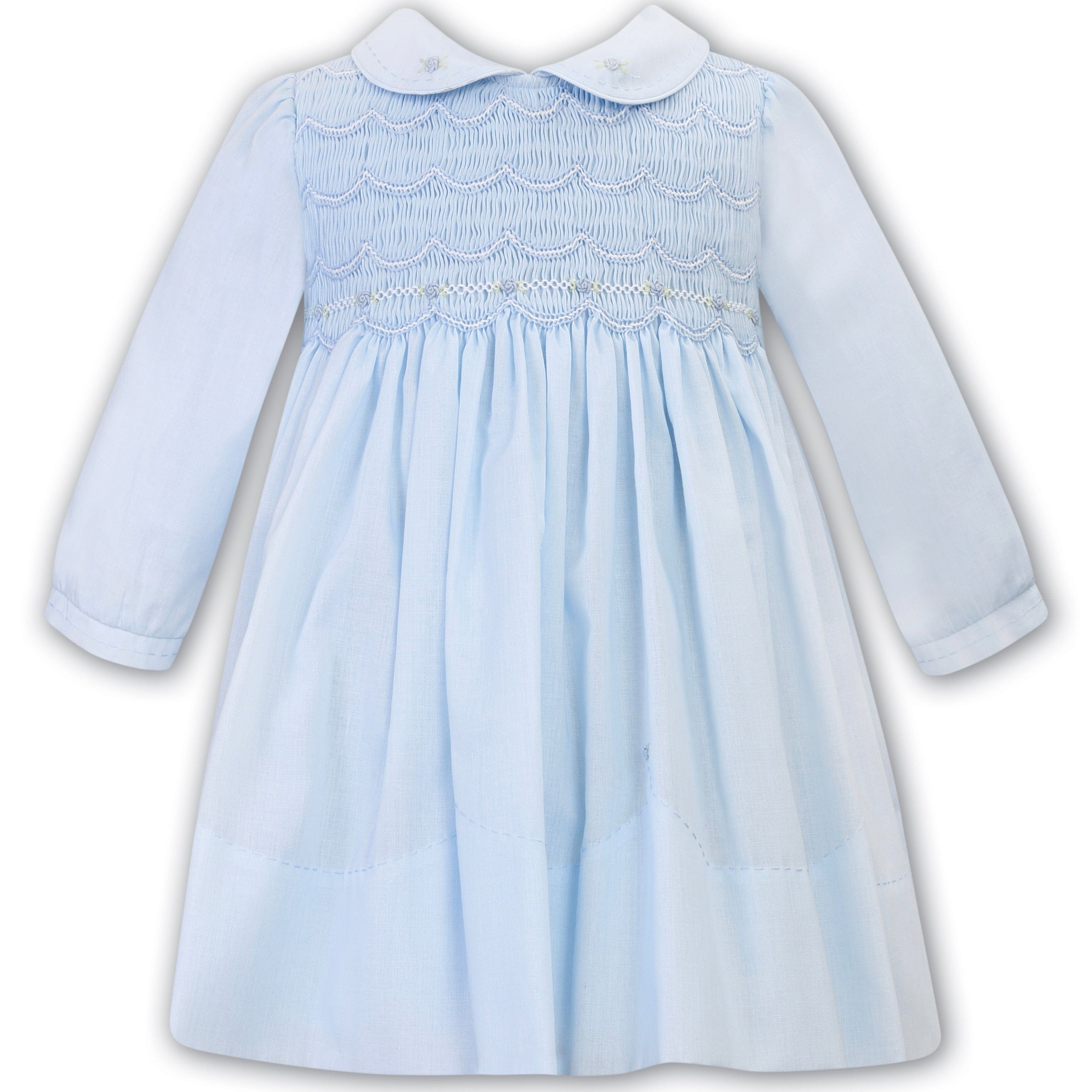 SARAH LOUISE -  Smocked Peter Pan Collar With Flower Detail Dress - Blue