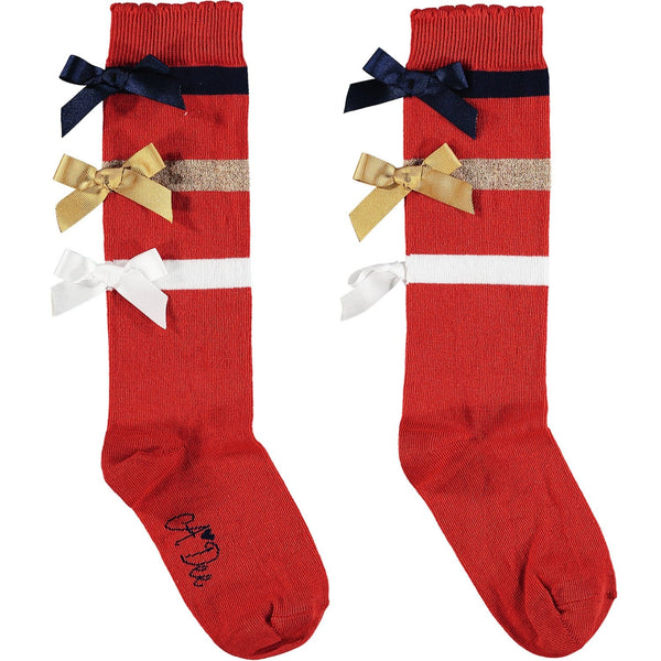 A Dee - Triple Bow Knee High Socks - Red