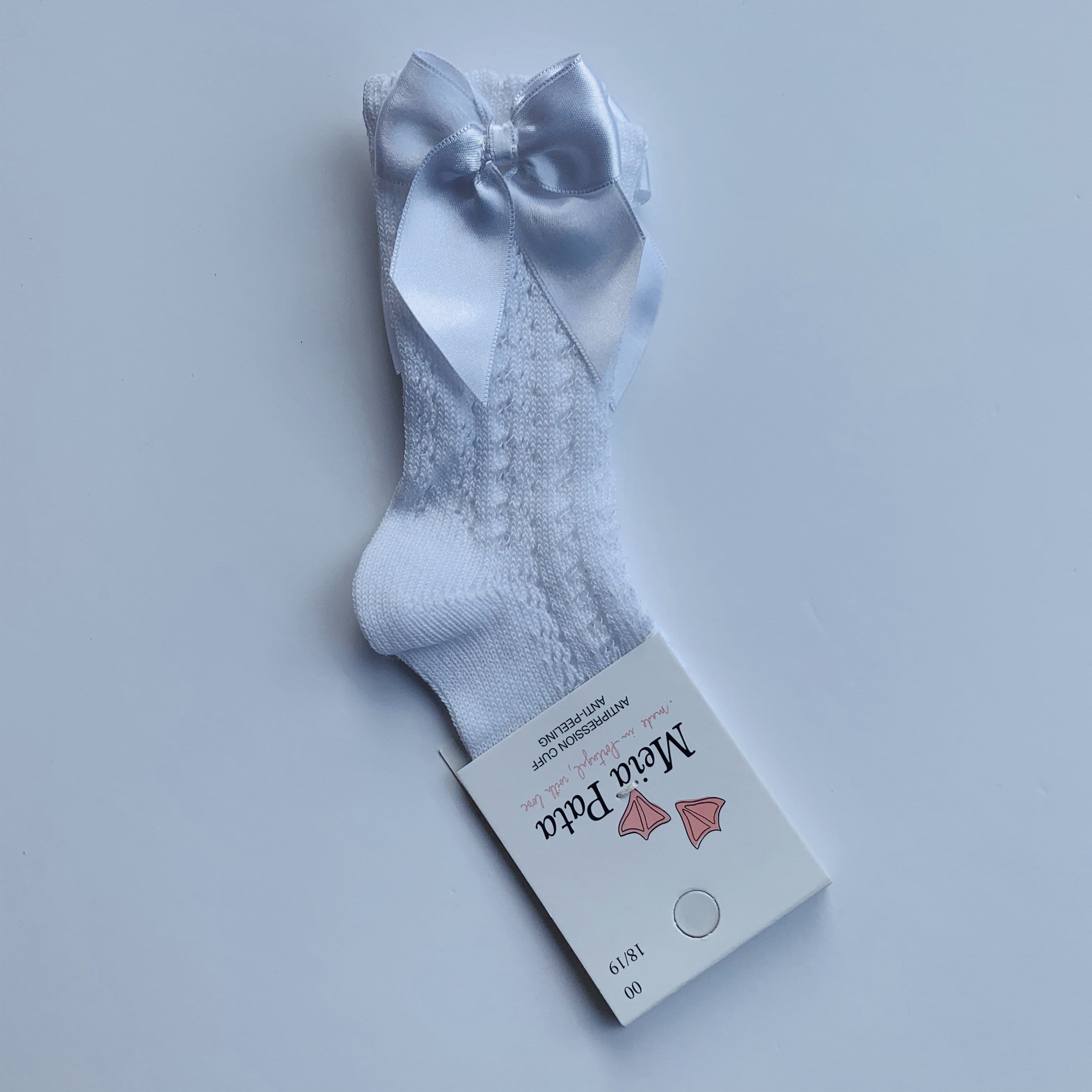 MEIA PATA - Open Knit Knee High Bow Sock - White