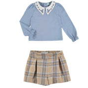ABEL & LULA - Plaid Shorts & Embroidered Blouse - Blue
